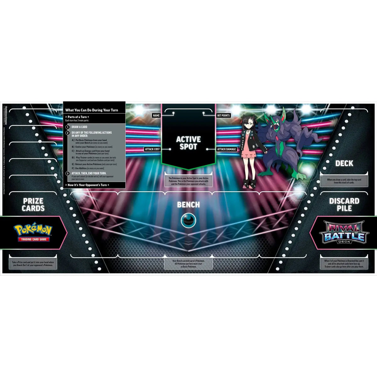 Innenansicht des Pokémon Marnie Battle Decks – Spielunterlage, Deckbox und Zubehör enthalten