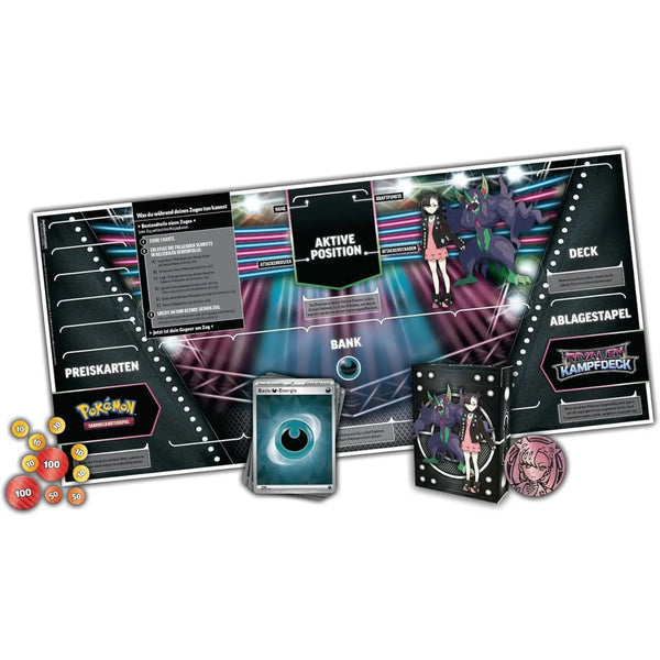 Kompletter Inhalt des Pokémon Kampfdecks Mary – Deckbox, Spielunterlage, Münze und Kartenset