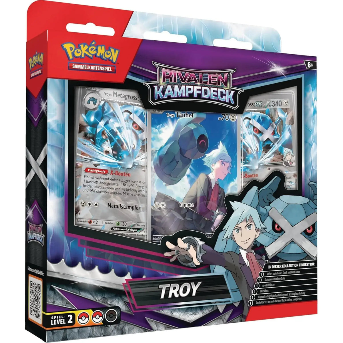 Seitenansicht des Pokémon Kampfdecks Troy mit Metagross und thematischer Gestaltung