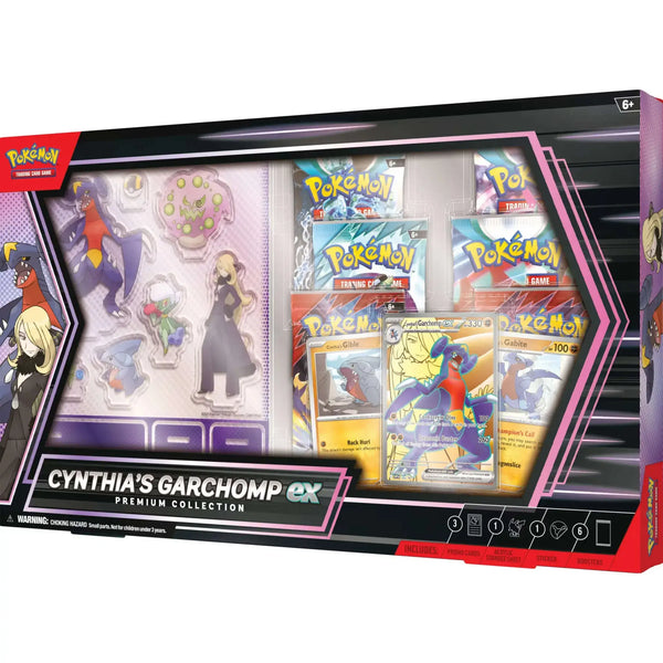 Seitenansicht der Cynthia Garchomp EX Box – Sammelkarten, Sticker und Booster sichtbar