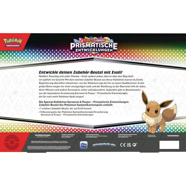 Rückseite der Pokémon Prismatische Entwicklungen Zubehörbeutel Spezial-Kollektion – Details zu Inhalt und Evoli-Motiv