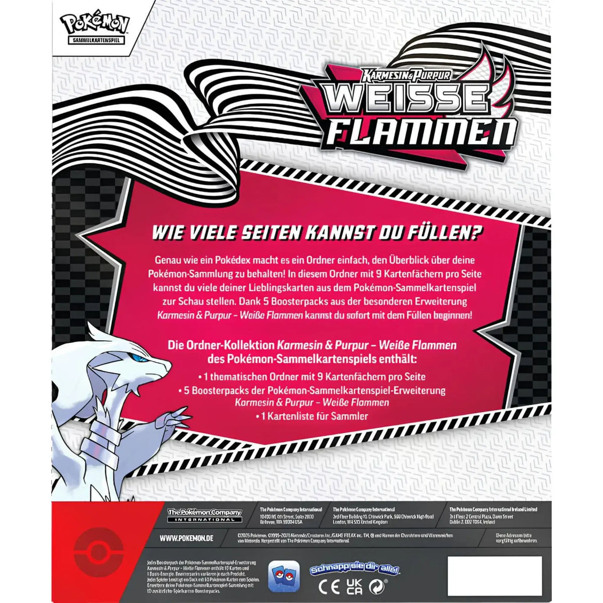 Rückseite der Pokémon Weiße Flammen Ordner-Kollektion mit Beschreibung und Inhalt